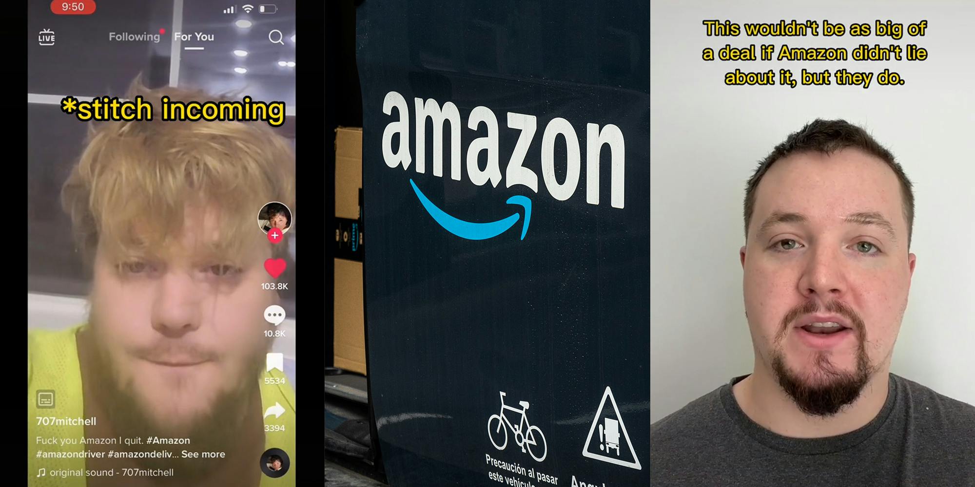 amazon driver (l) amazon prime van (c) man in room with caption "this wouldn't be as big of a deal if Amazon didn't lie about it, but they do." (r)