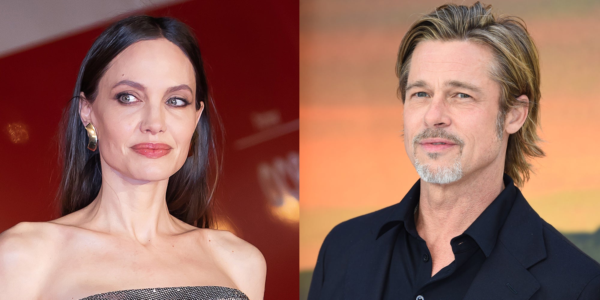 Angelina Jolie in front of red background (l) Brad Pitt in front of yellow background (r)