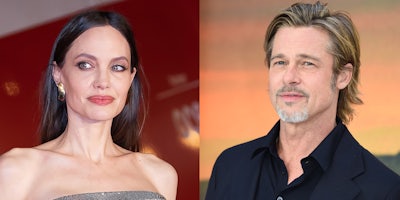 Angelina Jolie in front of red background (l) Brad Pitt in front of yellow background (r)