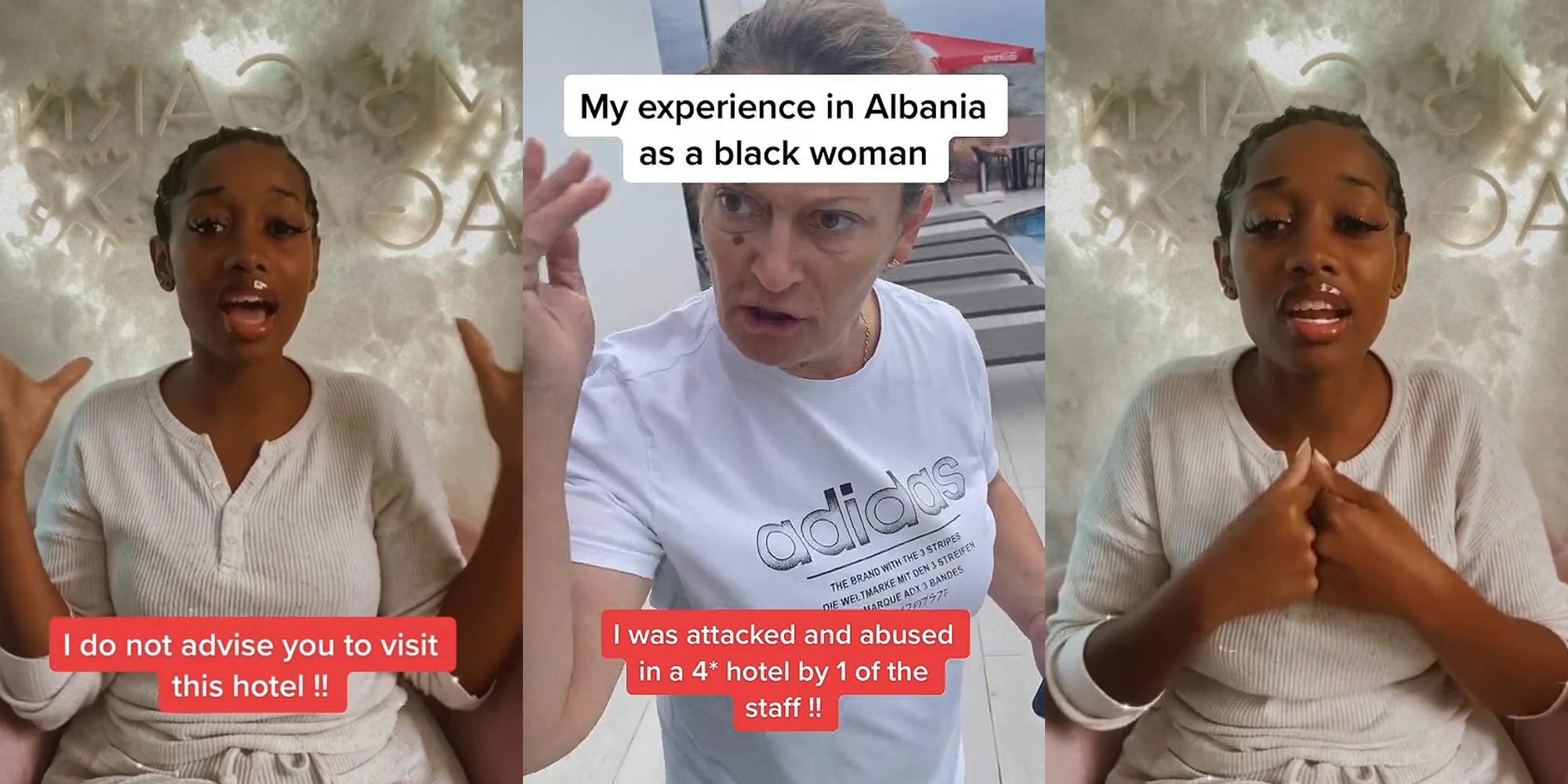 woman speaking hands up in front of white background caption "I do not advise you to visit this hotel !!" (l) woman with hand up outside next to pool caption "My experience in Albania as a black woman" "I was attacked and abused in a 4* hotel by 1 of the staff !!" (c) woman speaking in front of white background hands together (r)