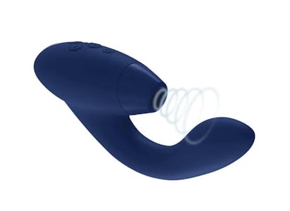 best quiet vibrator - A blue Womanizer Duo vibrator with a series of concentric circles denoting "pulsing air waves" added.