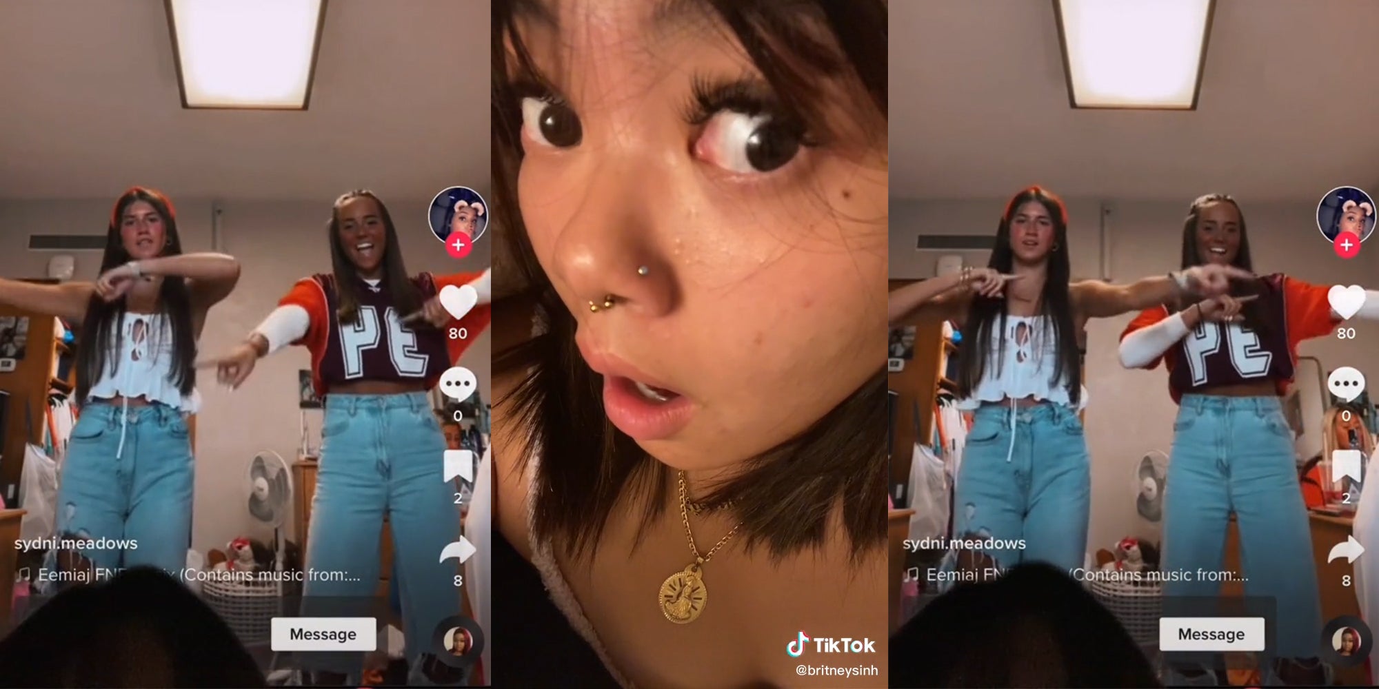 two young women, one in blackface, dancing (l&r) shocked young woman (c)