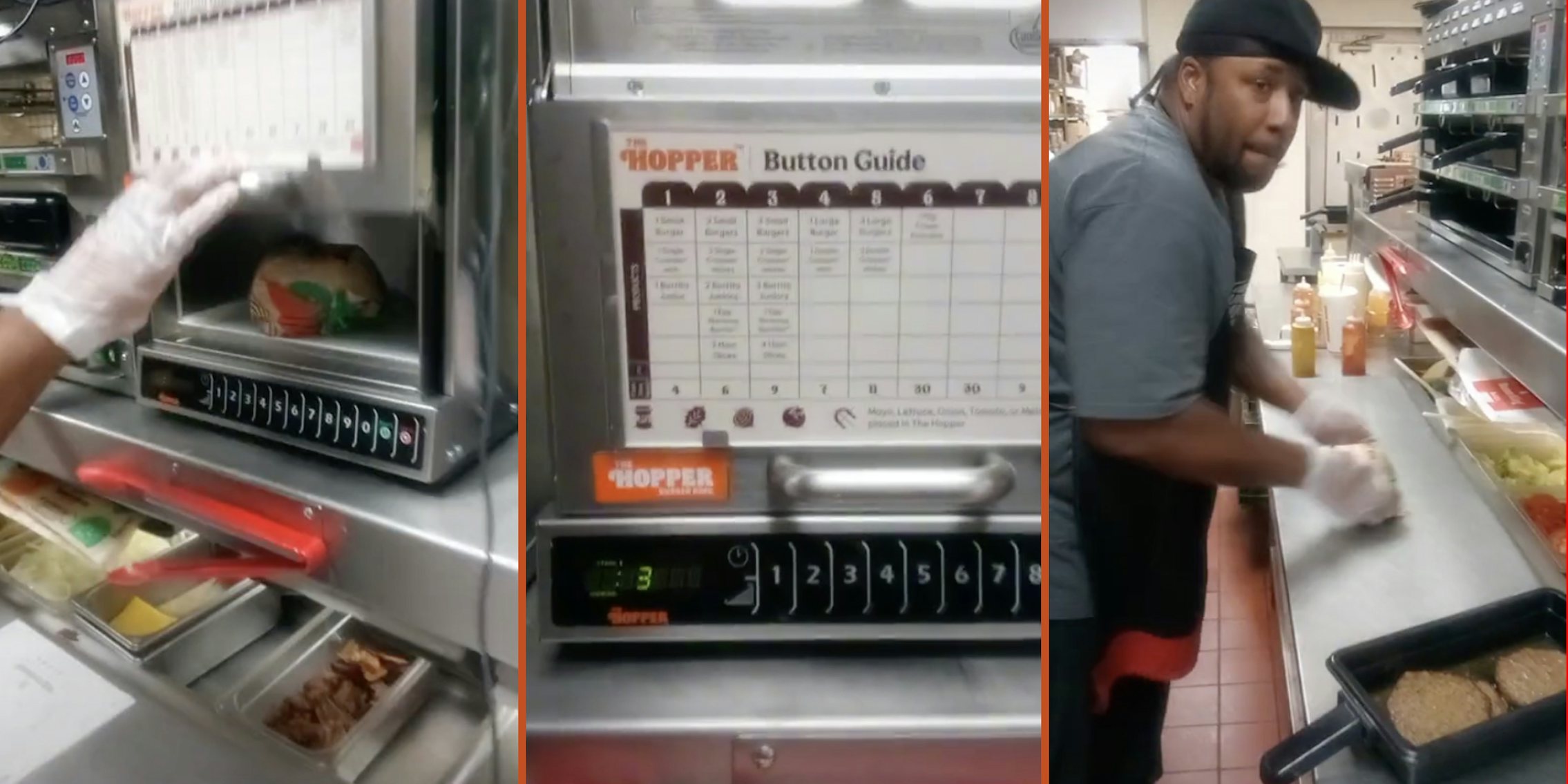 burger king worker places wrapped burger in hopper heater before serving it to customer