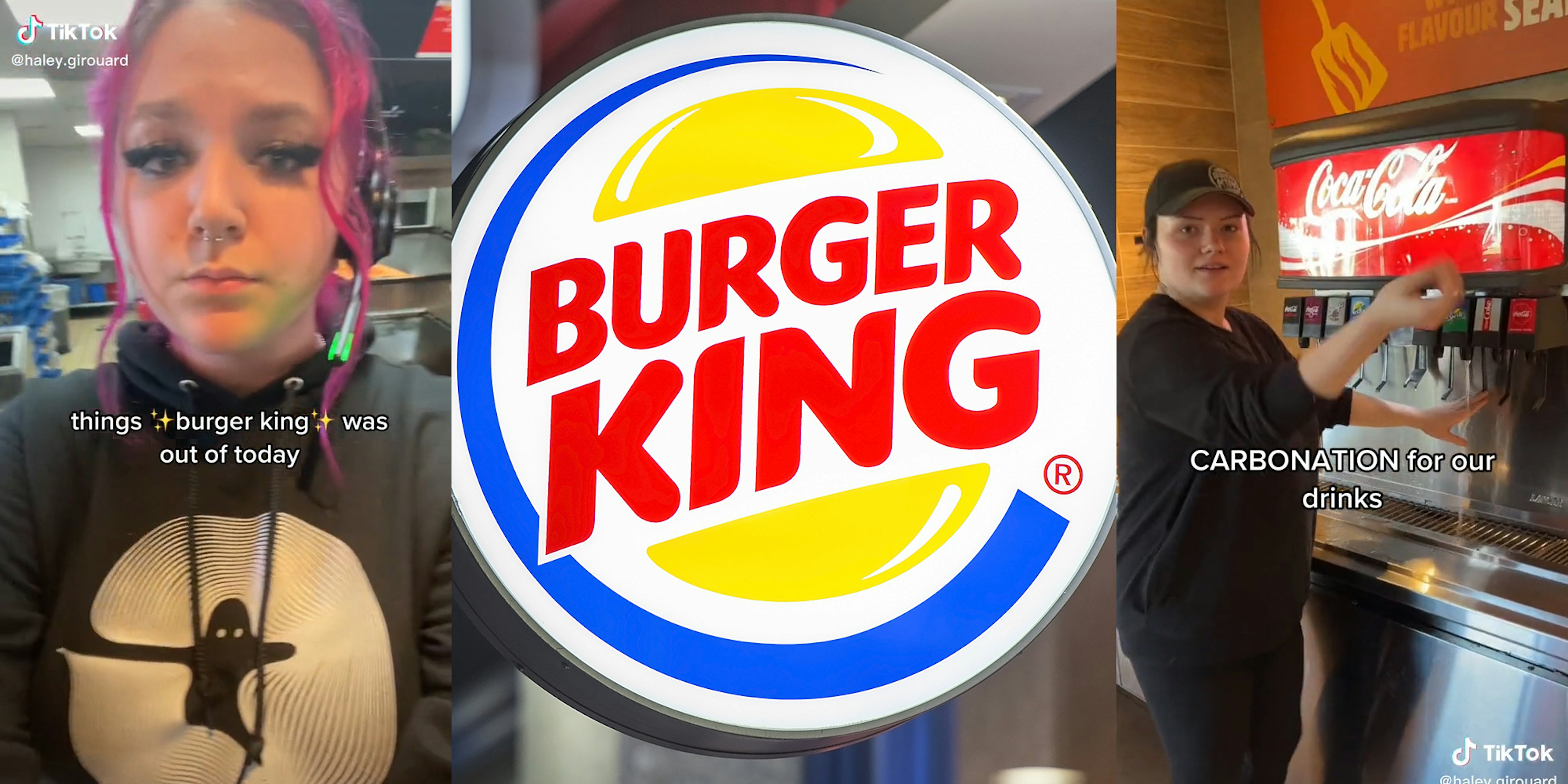 burger king employees with caption 'things burger king was out of today' and 'carbonation for our drinks' (l&r) burger king sign (c)