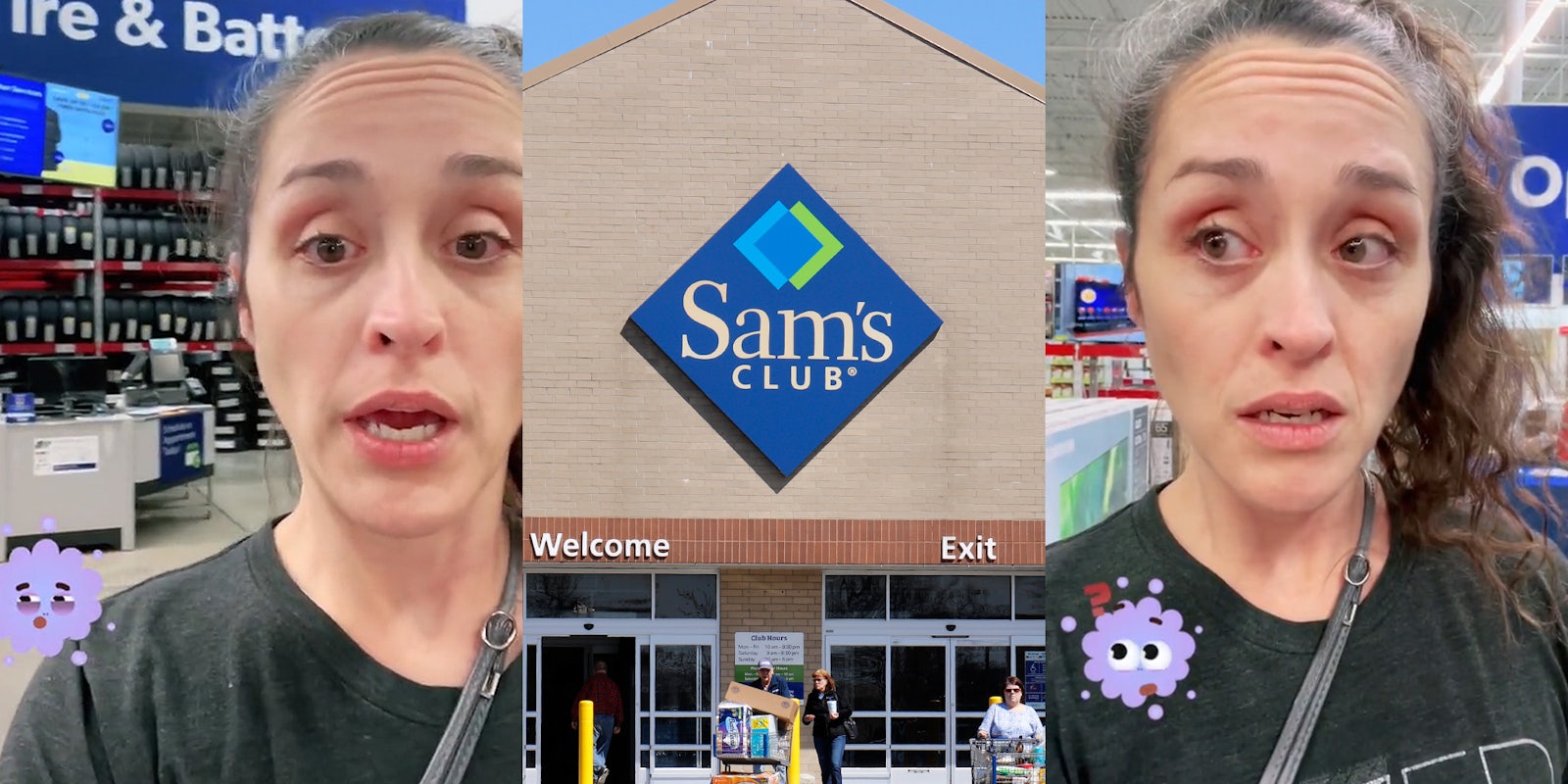 woman speaking in Sam's Club at Tire & Battery section (l) Sam's Club building with sign (c) woman speaking in Sam's Club (r)