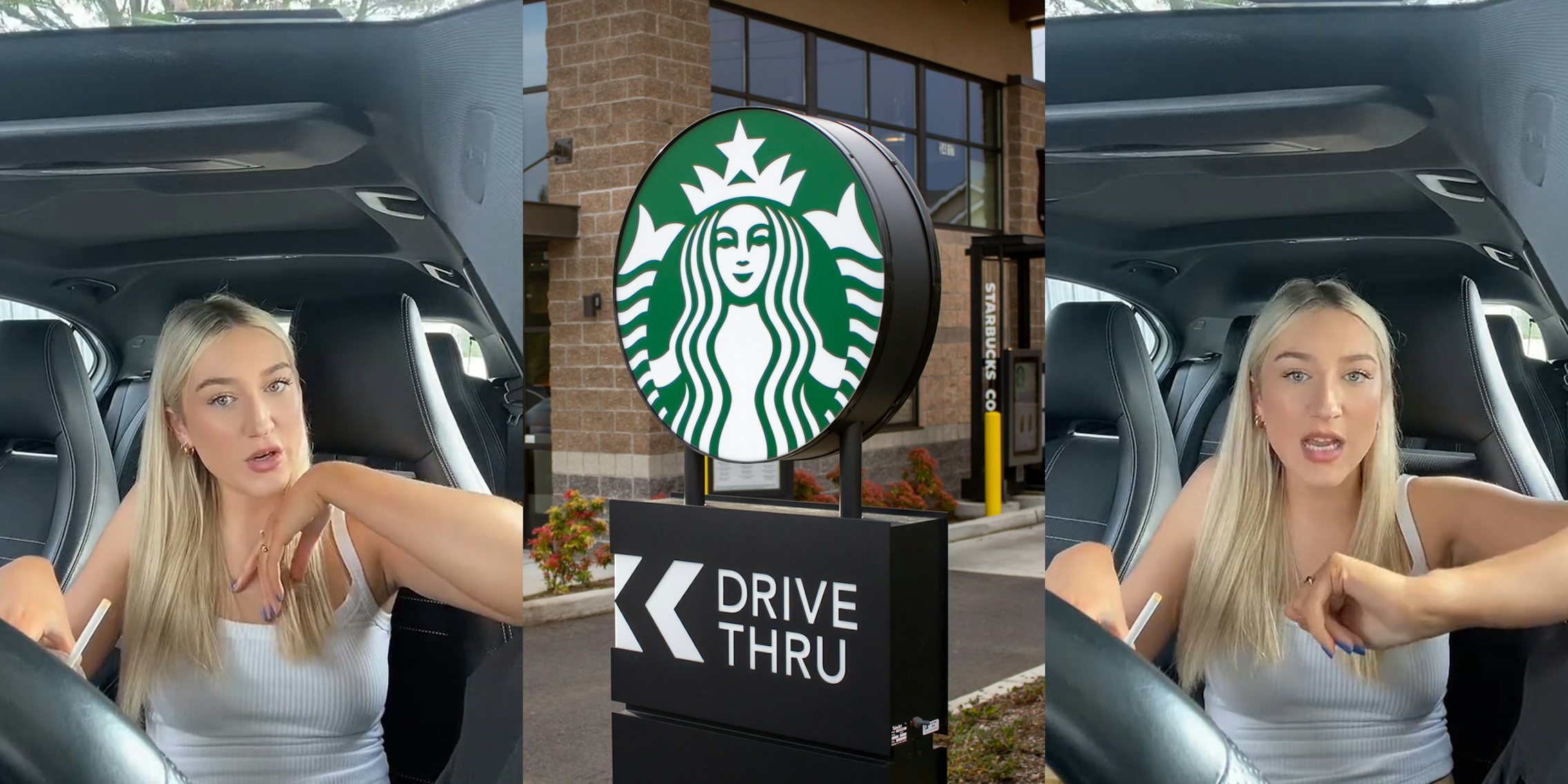 woman speaking in car (l) Starbucks drive thru sign and building (c) woman speaking in car (r)