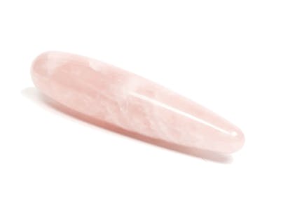 The Chakrubs rose quartz wand oriented diagonally on a white background.