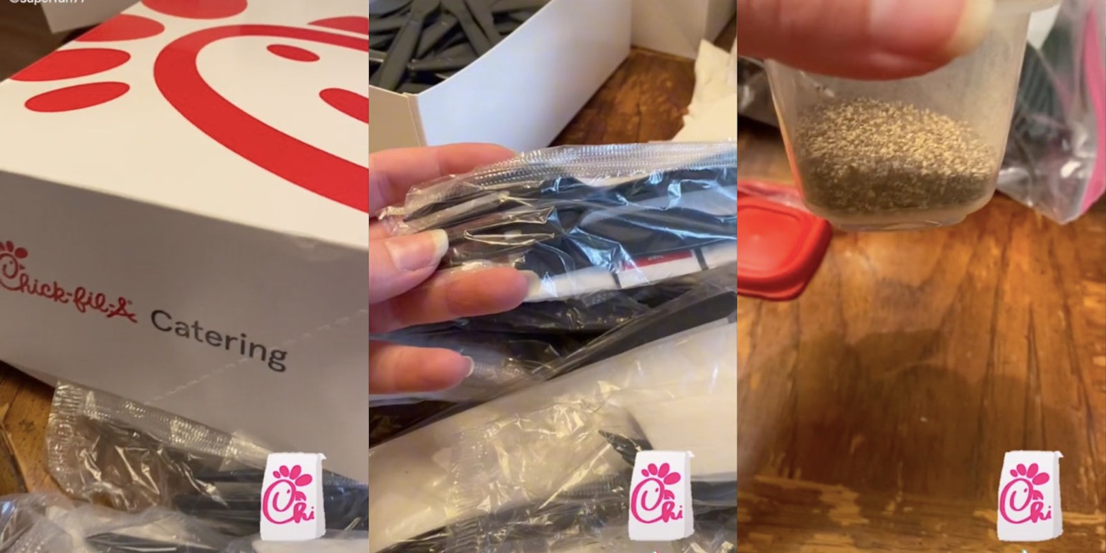 woman shows what comes with chickfila catering tiktok
