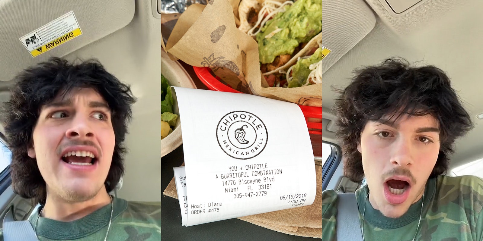 man speaking in car looking right (l) Chipotle receipt with food on table (c) man speaking in car (r)
