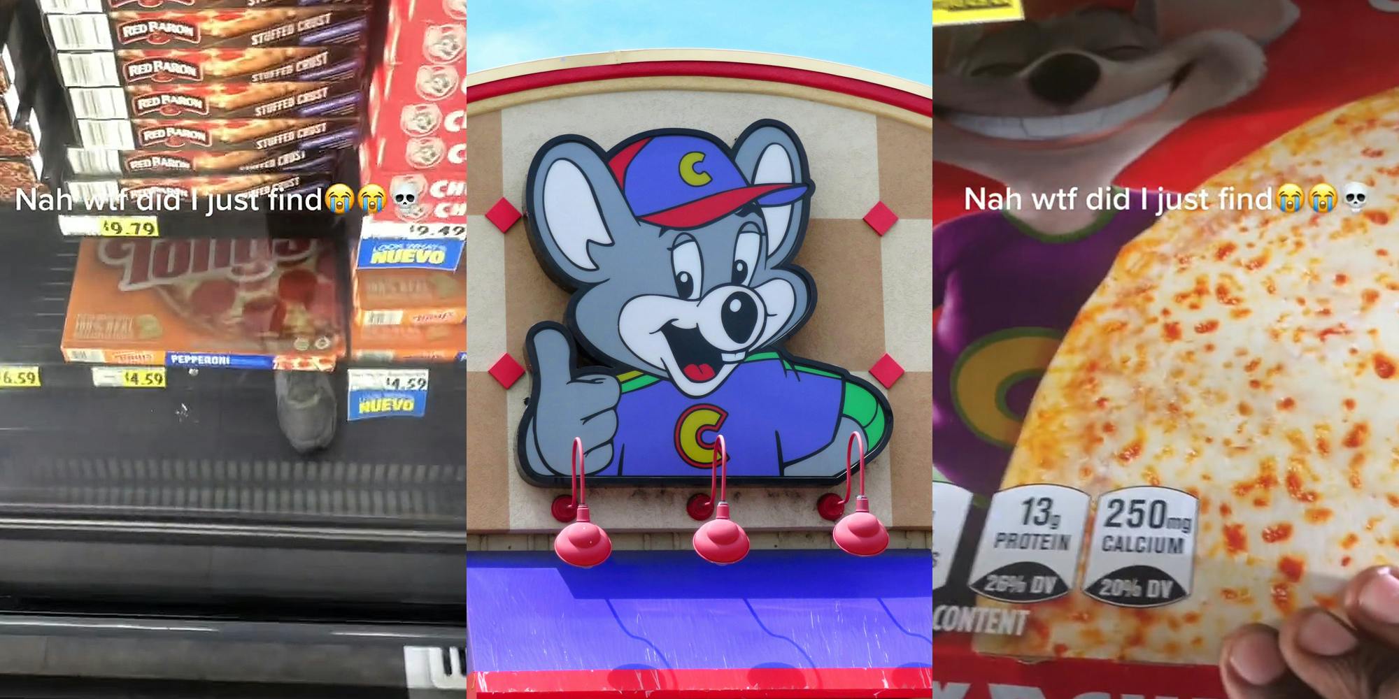 Grocery store fridge pizza section caption "Nah wtf did I just find" (l) Chuck E Cheese building with sign of mascot (c) Man pulling Chuck E Cheese pizza from grocery store fridge (r)