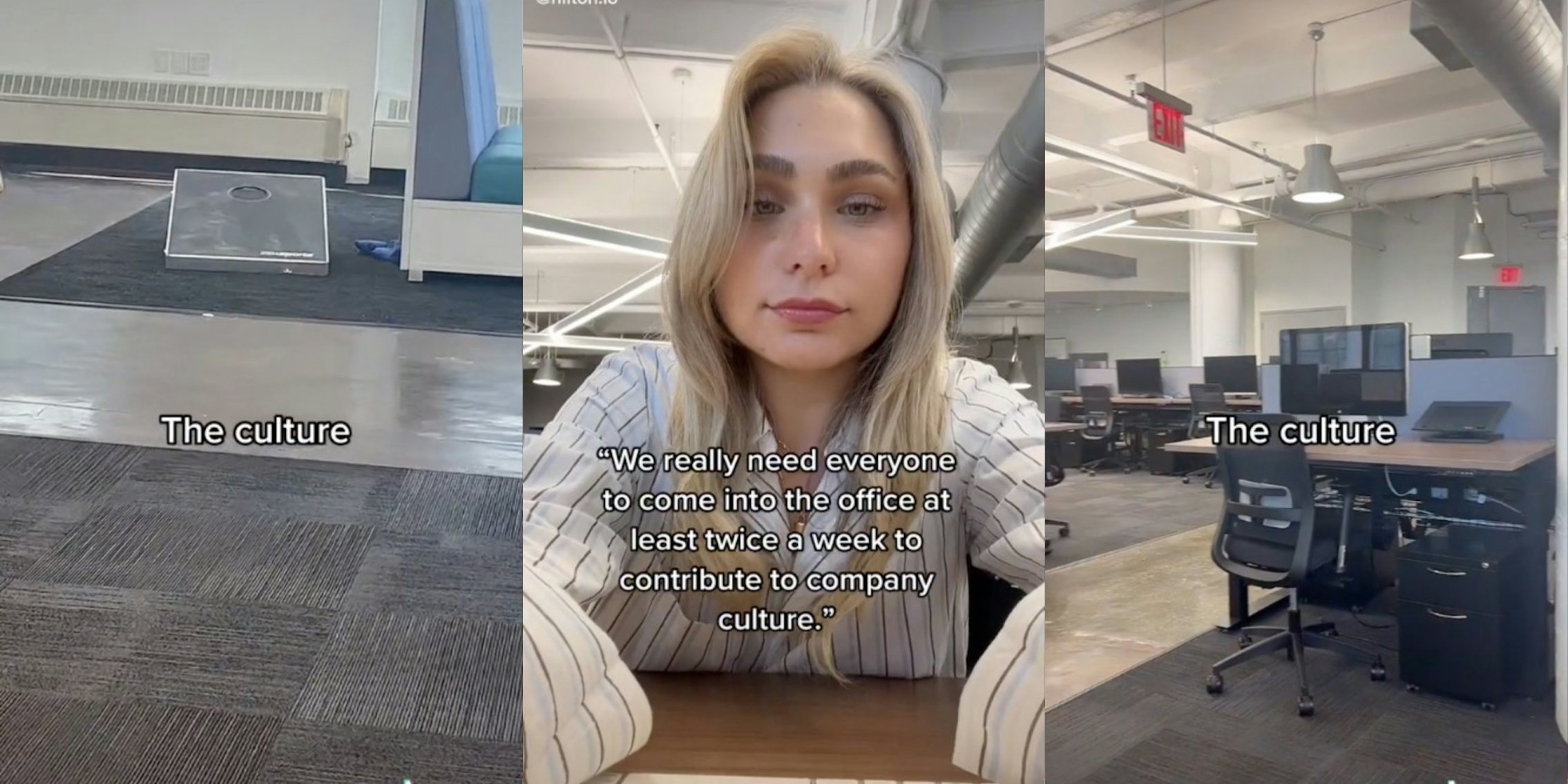 woman goes into empty office to keep up with company culture tiktok