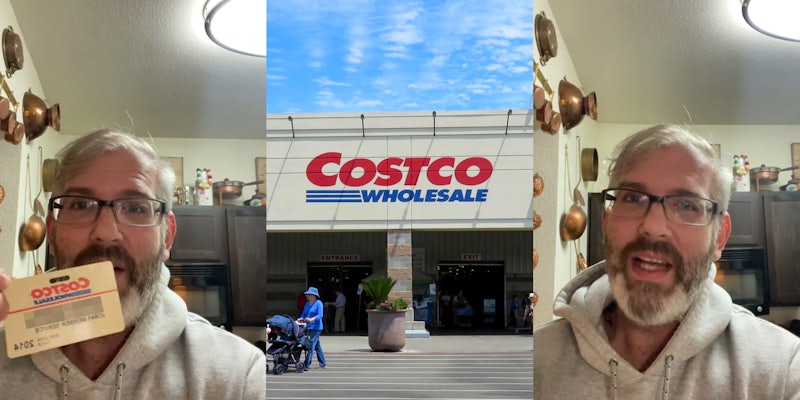 man holding Costco employee card speaking (l) Costco building with sign and parking lot (c) man speaking (r)