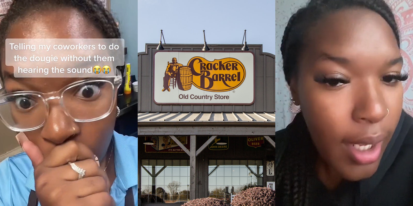 Cracker Barrel employee hand on mouth caption 'Telling my coworkers to do the dougie without them hearing the sound' (l) Cracker Barrel sign on building (c) woman speaking (r)