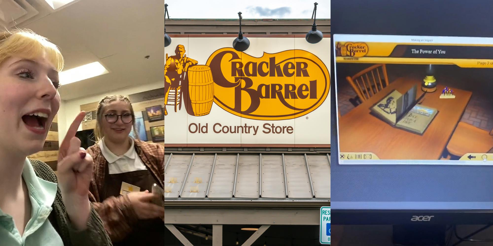 Cracker Barrel employees laughing and pointing right (l) Cracker Barrel sign on building (c) computer screen with "The Power Of You" Cracker Barrel training video playing (r)