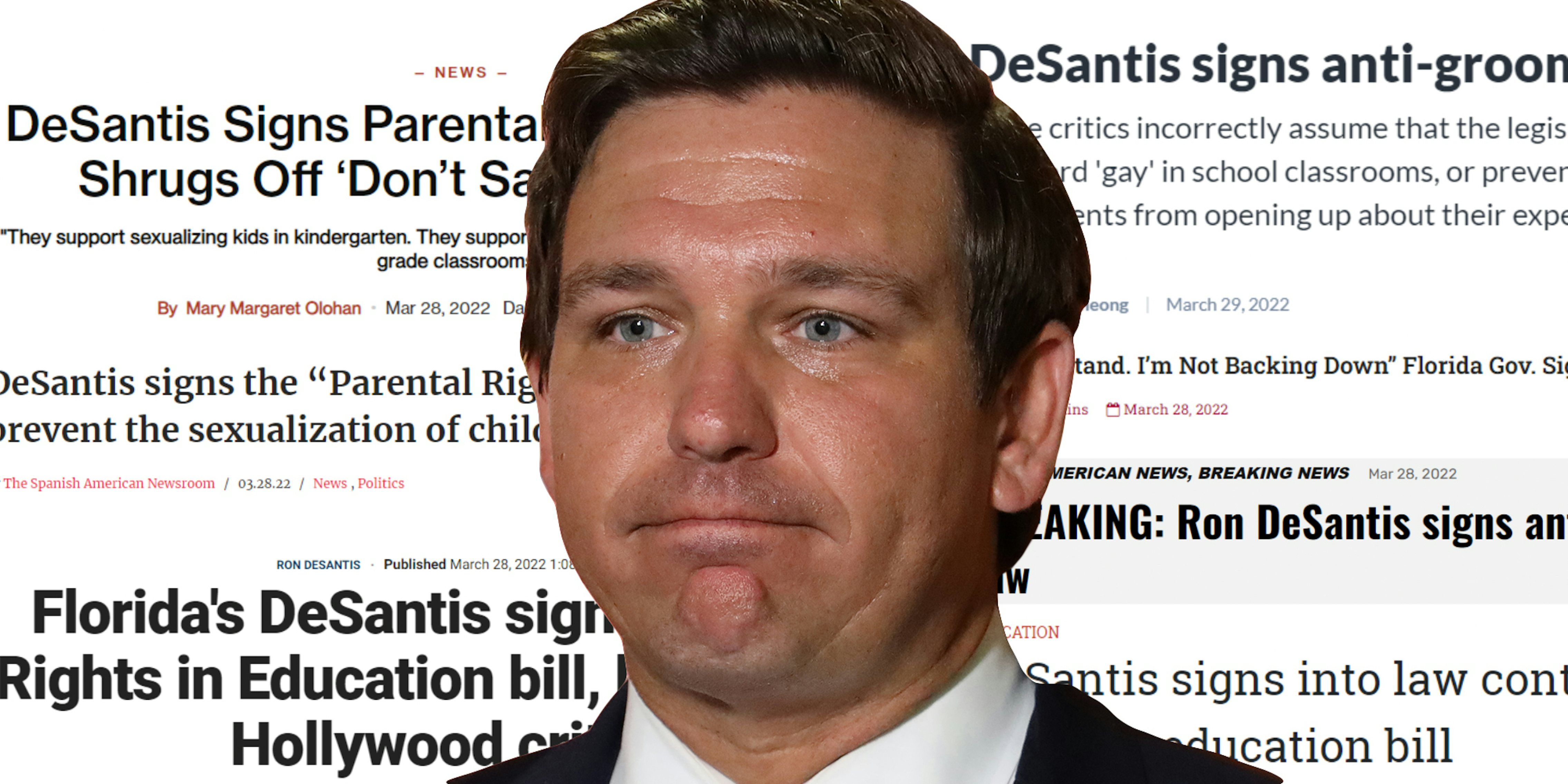 Ron DeSantis in front of 'don't say gay bill' headlines