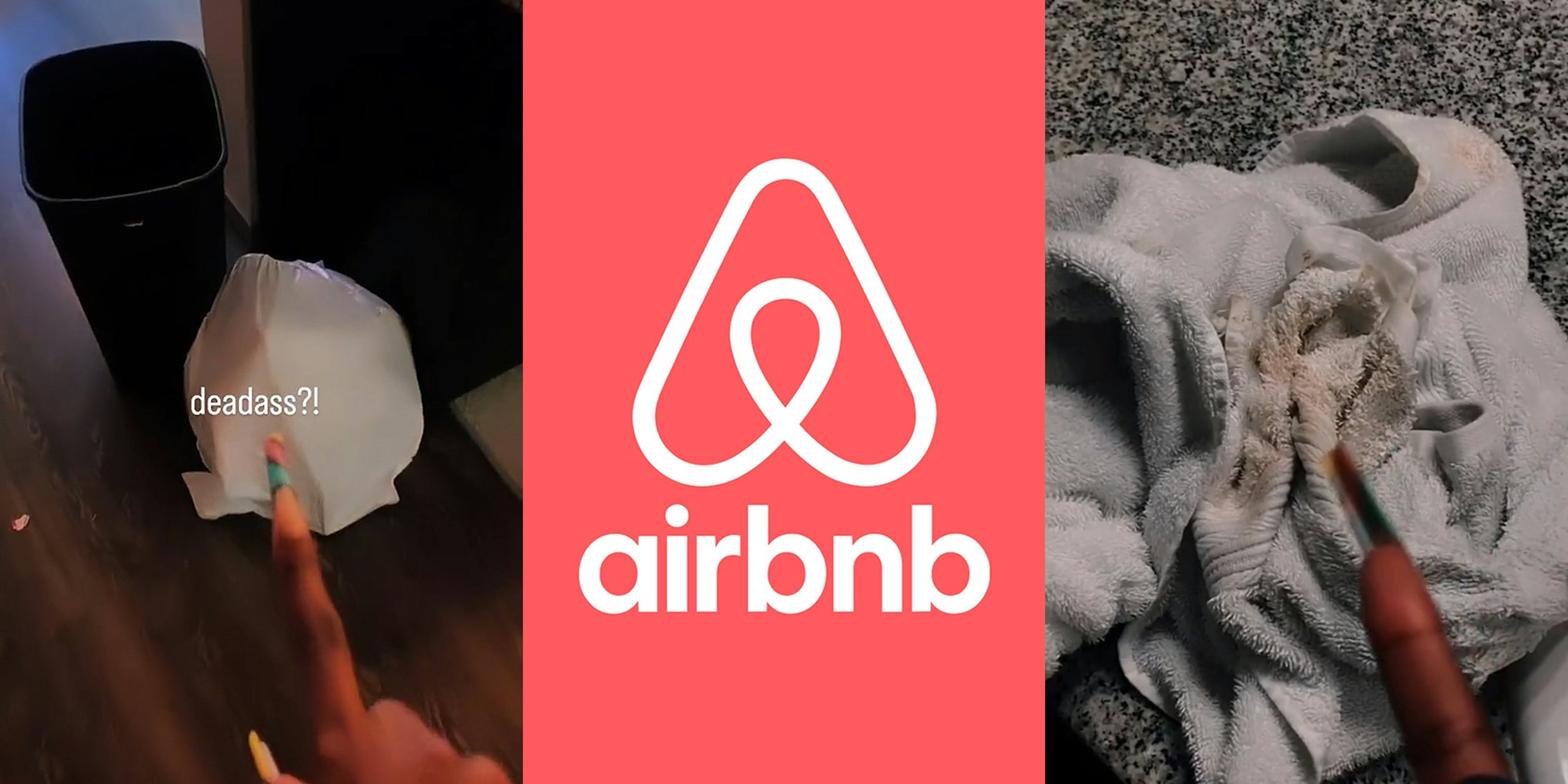 woman finger pointing to trash bag (l) Airbnb logo on red background (c) woman finger pointing to dirty towel (r)