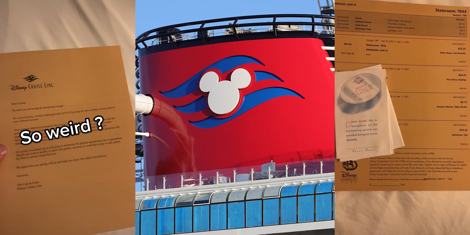 disney cruise line letter with caption 'So weird?' (l) disney cruise logo (c) disney cruise line tip envelopes (r)