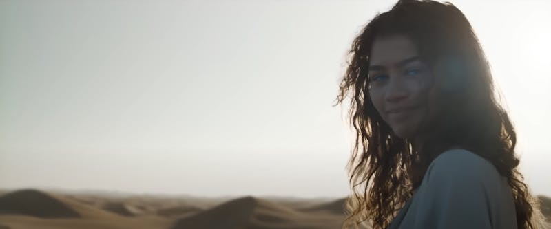 A screenshot from the Dune trailer depicting Zendaya as Fremen Chani standing in the desert and looking at the camera.