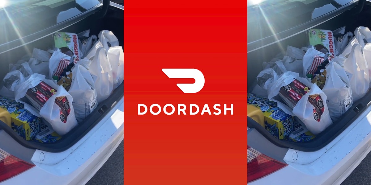groceries in trunk of car caption (l) DoorDash logo on red background (c) groceries in trunk of car (r)