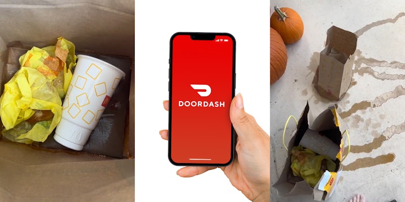 DoorDash delivery of McDonald's with iced tea spilled in bag of food (l) Hand holding DoorDash open on phone on white background (c) DoorDash McDonald's delivery on porch with iced tea spilled everywhere (r)