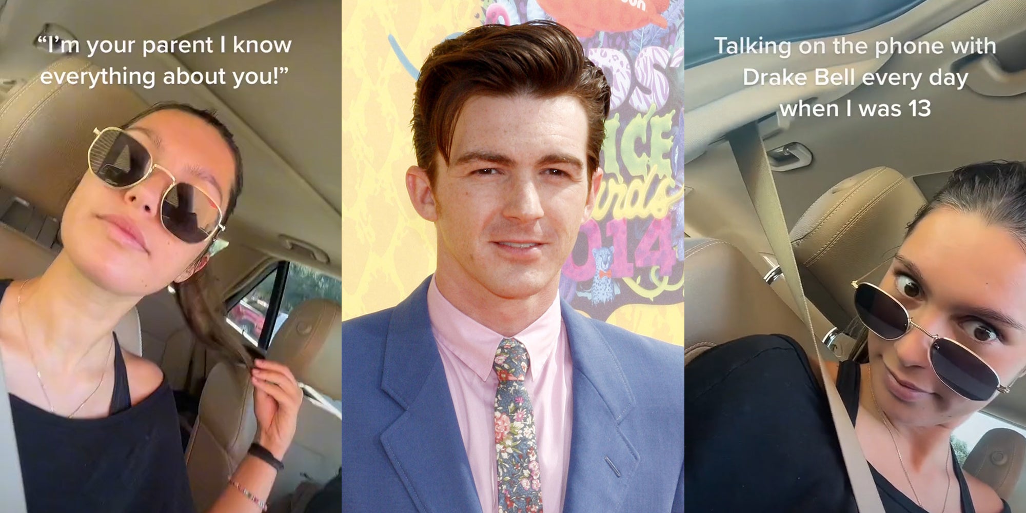 young woman in car with caption 'I'm your parent I know everything about you!' (l) Drake Bell (c) young woman with caption 'Talking on the phone with Drake Bell every day when I was 13' (r)
