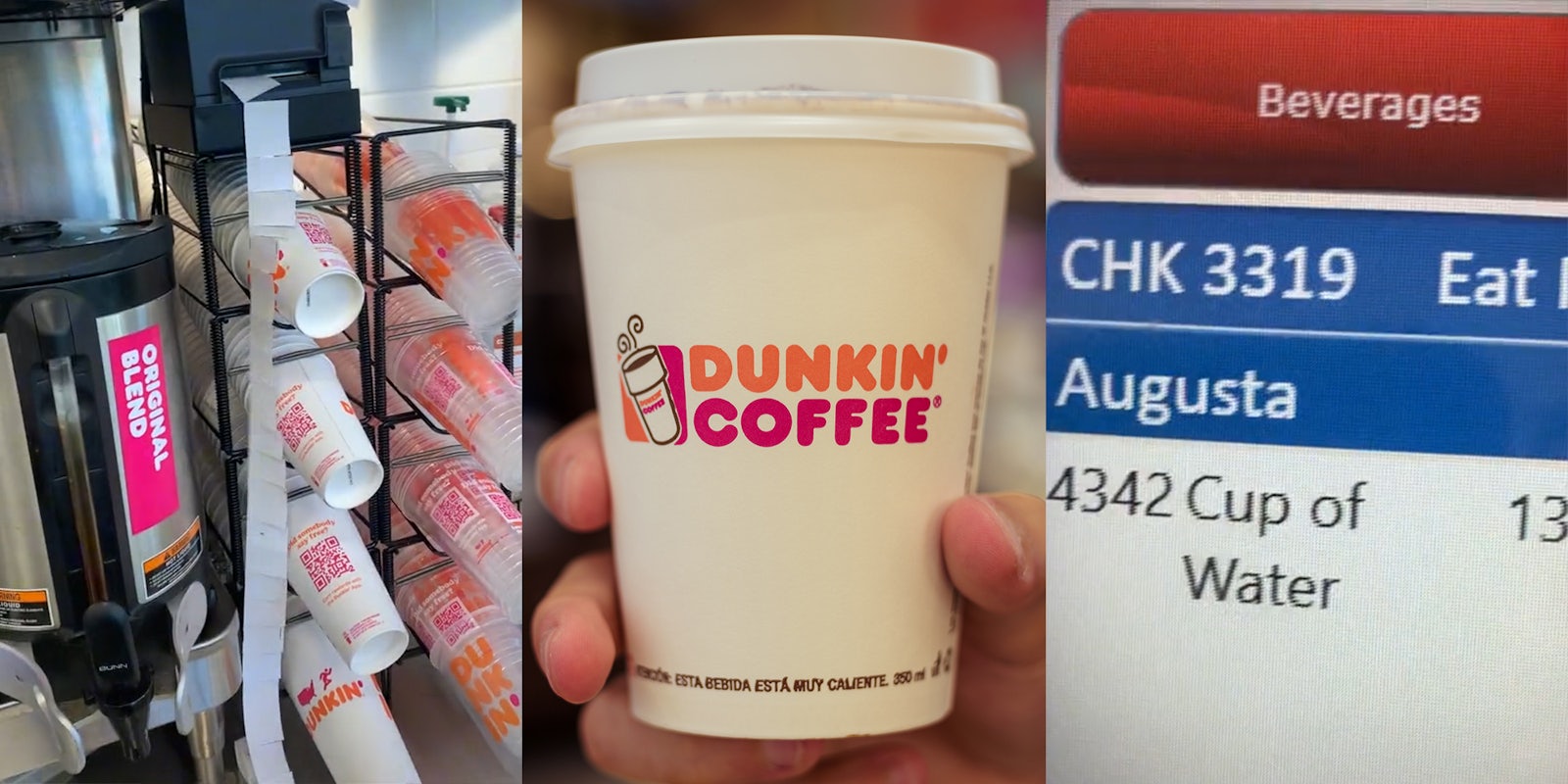 dunkin donuts cups and stickers (l) dunkin coffee cup (c) order screen with '4342 Cup of Water' (r)