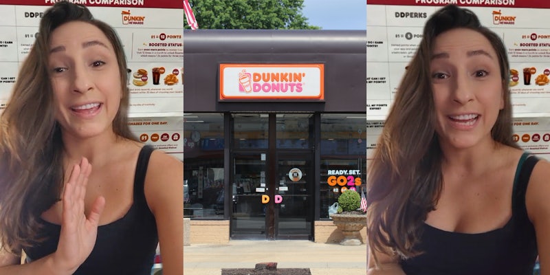 woman greenscreen TikTok speaking over Dunkin' background (l) Dunkin' Donuts sign on building (c) woman greenscreen TikTok over Dunkin' background (r)