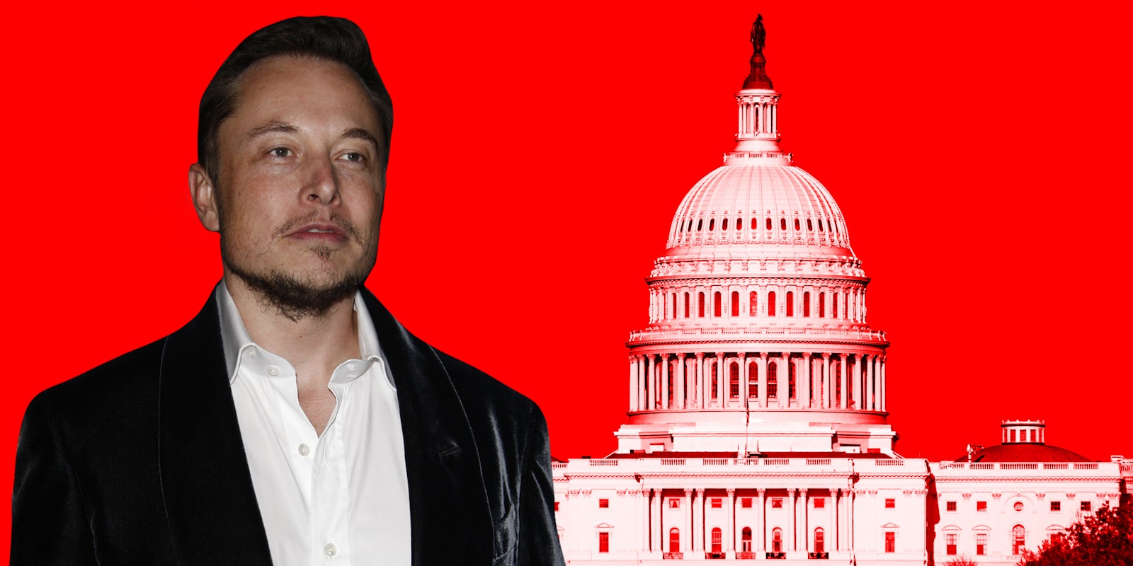 Elon Musk next to US Capitol building in front of red background