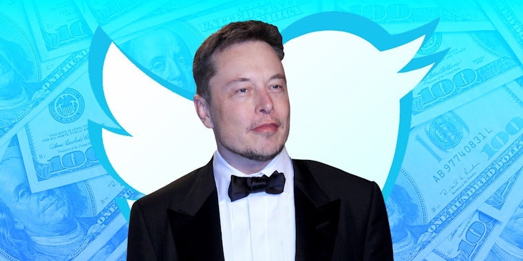 Elon Musk over light blue to dark blue vertical gradient background with Twitter logo white centered behind him