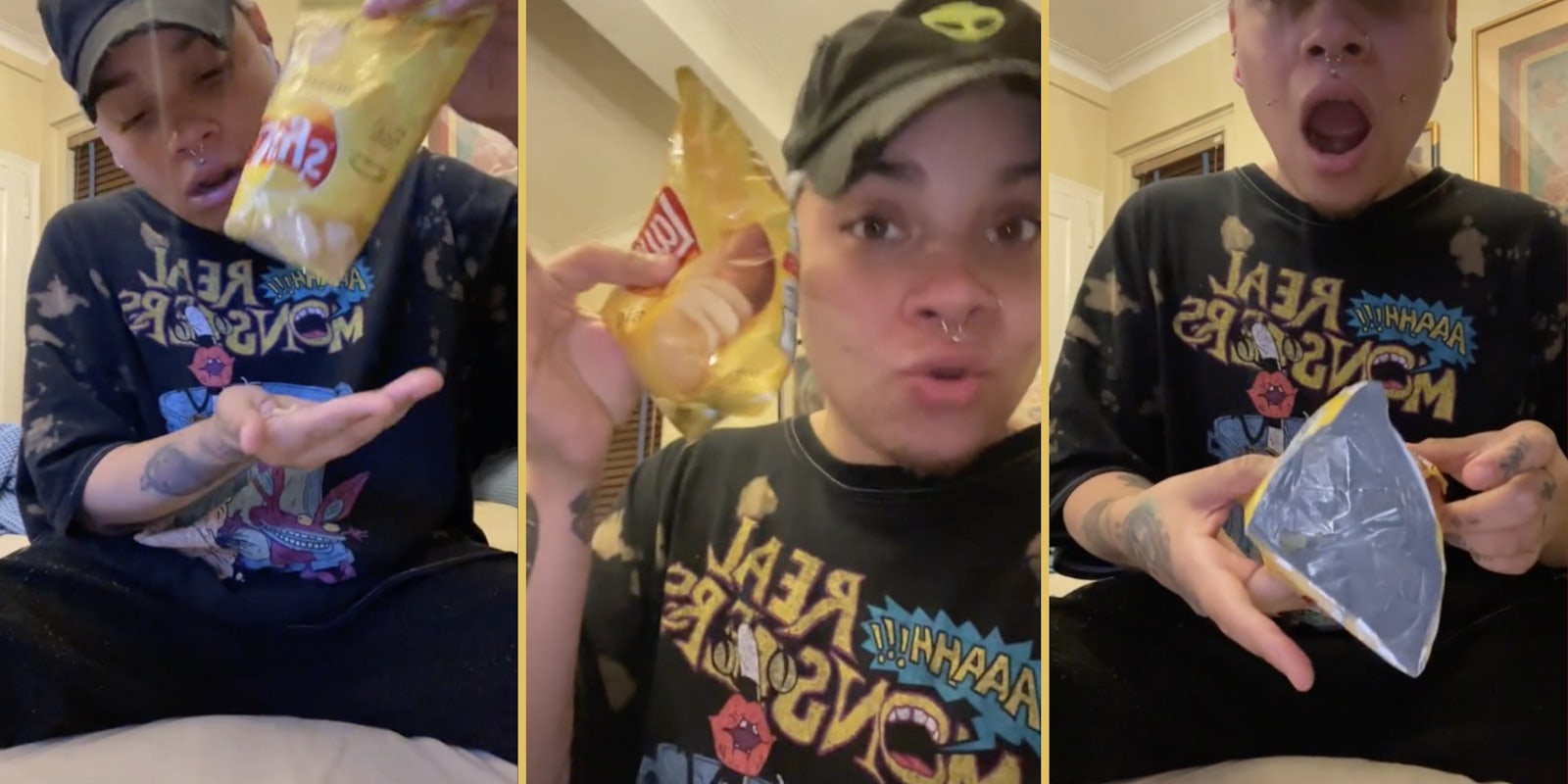 customer shows a small bag of Lay's potato chips they purchased, they open it to reveal a completely empty bag, save for a few crumbs
