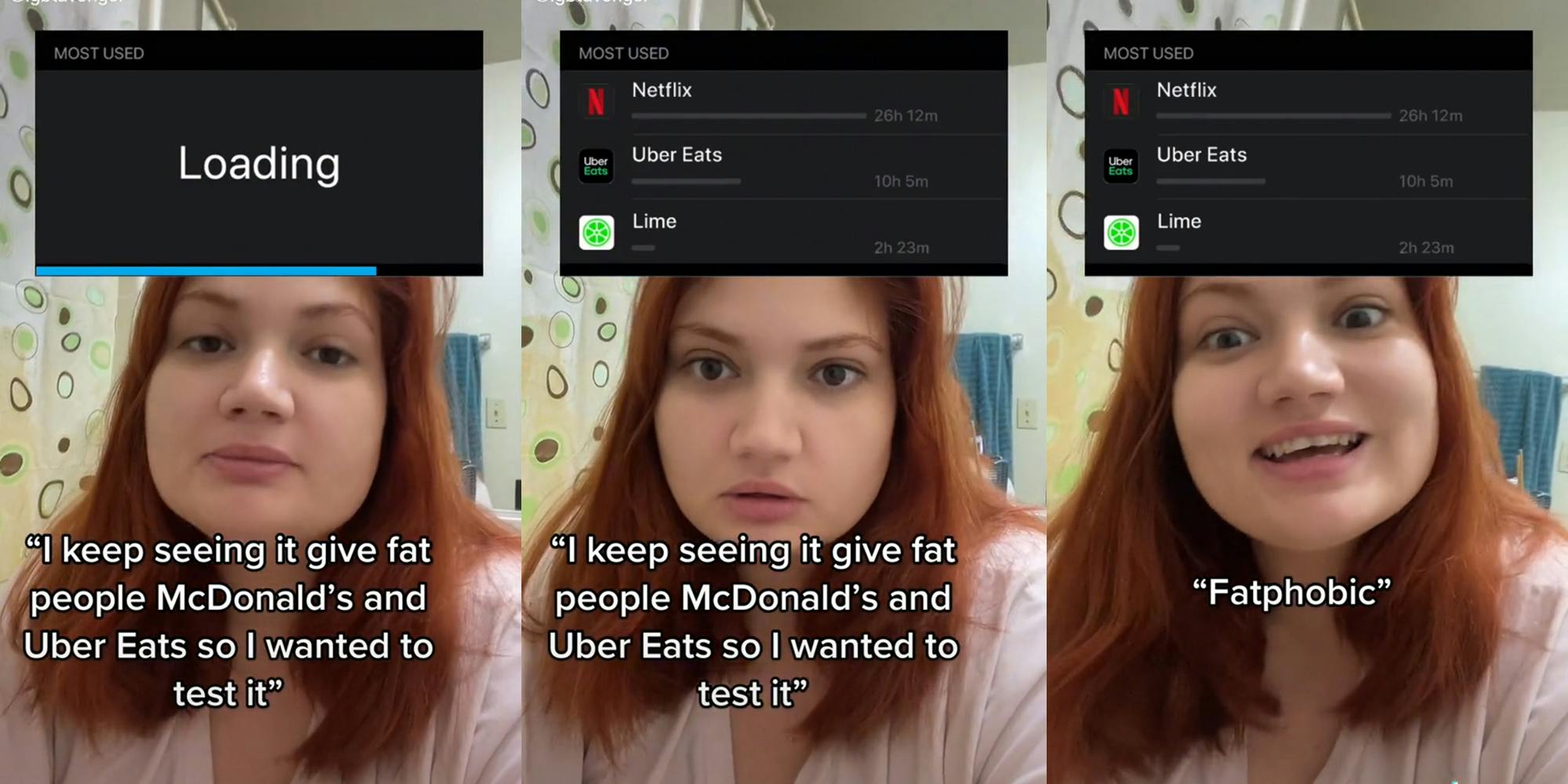 woman with tiktok filter and captions "i keep seeing it give fat people McDonald's and Uber Eats so I wanted to test it" and "Fatphobic"