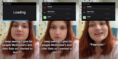 woman with tiktok filter and captions 'i keep seeing it give fat people McDonald's and Uber Eats so I wanted to test it' and 'Fatphobic'