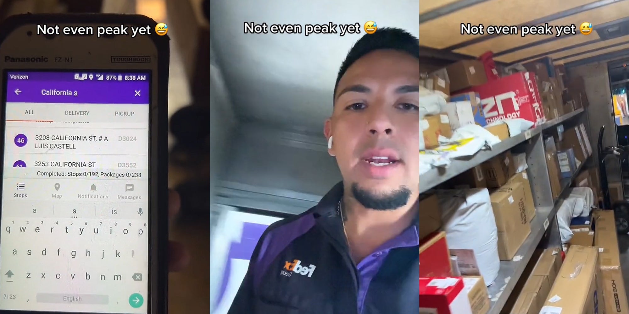 FedEx worker's phone showing 0/192 stops caption "Not even peak yet" (l) FedEx driver speaking caption "Not even peak yet" (c) FedEx packages caption "Not even peak yet" (r)