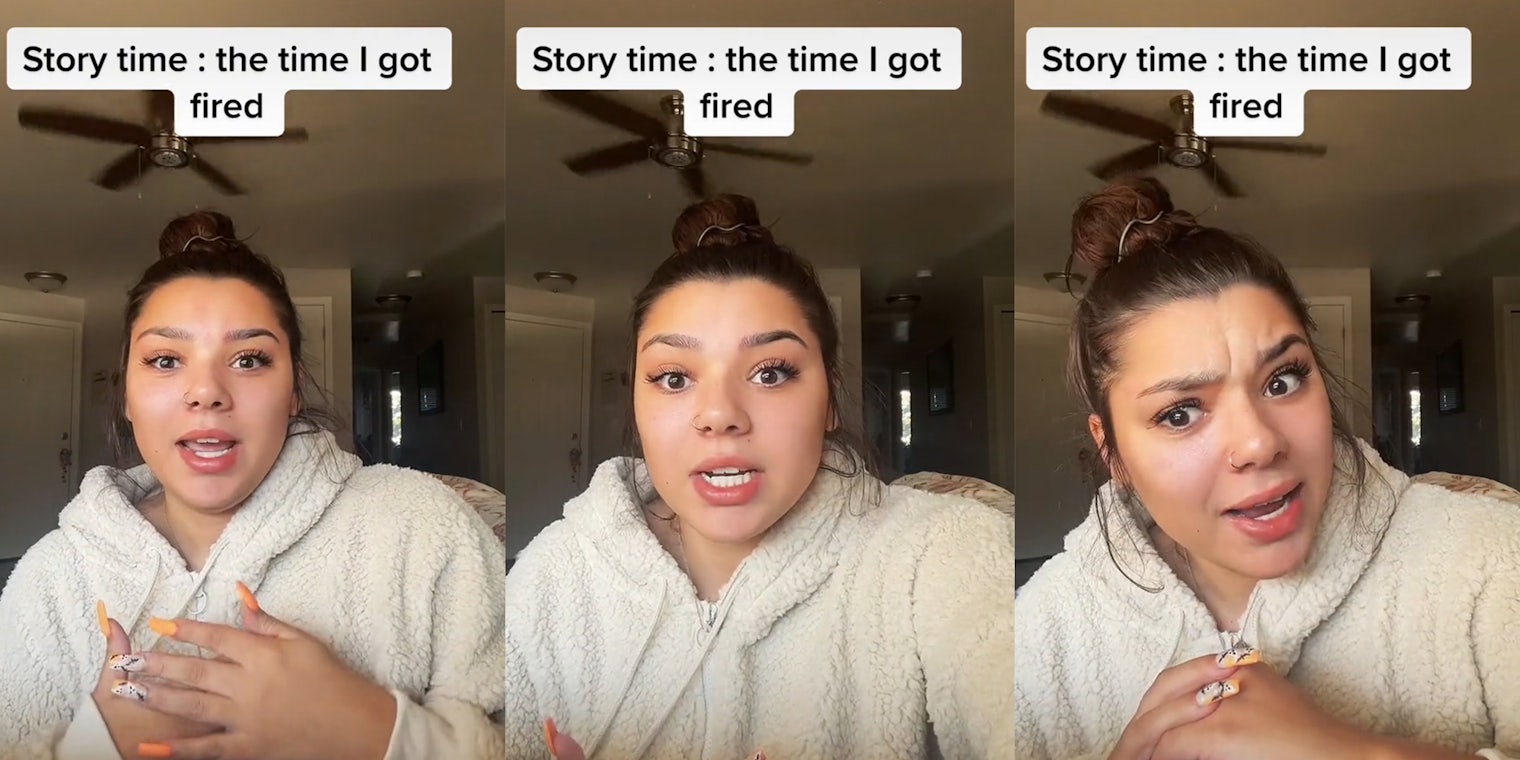 young woman with caption 'Story time: the time I got fired'