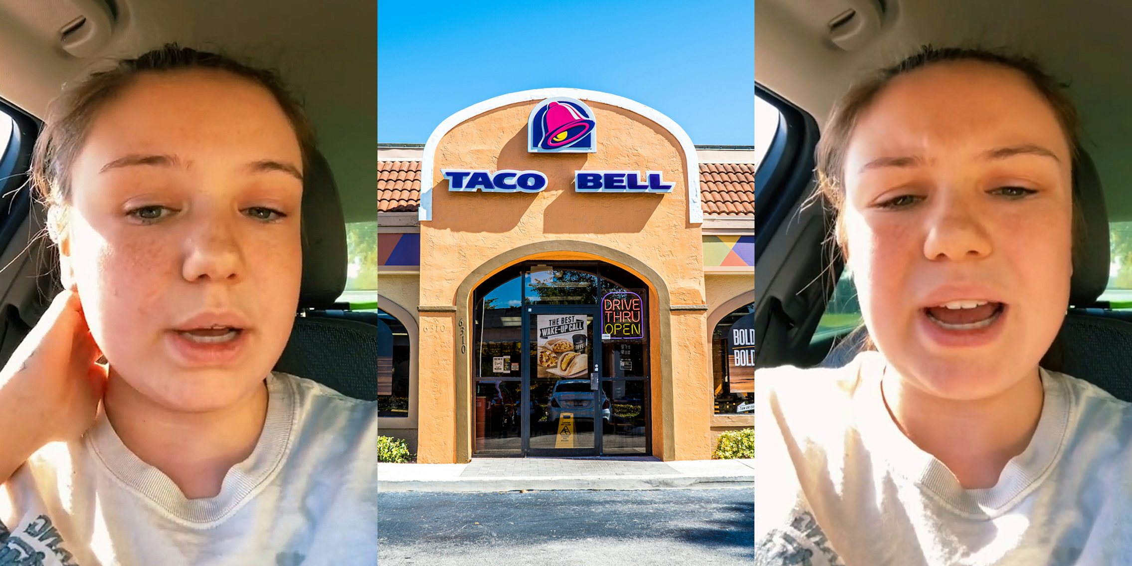 Woman speaking in car (l) Taco bell building with sign (c) woman speaking in car (r)