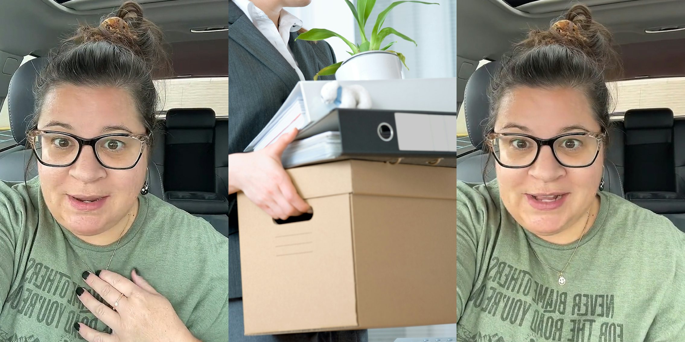 woman speaking in car hand on chest (l) woman holding box of things packed from office (c) woman speaking in car (r)