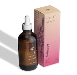 Best CBD lube - A dropper bottle of Foria Intimacy Sex Oil with CBD next to the box it comes in against a white background.