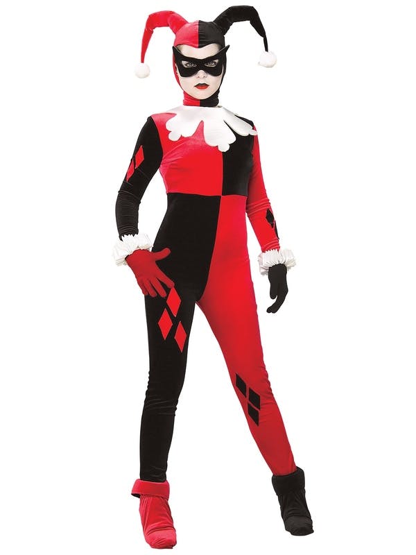 woman dressed in Harley Quinn's classic red and black jester costume from 'Batman: The Animated Series'