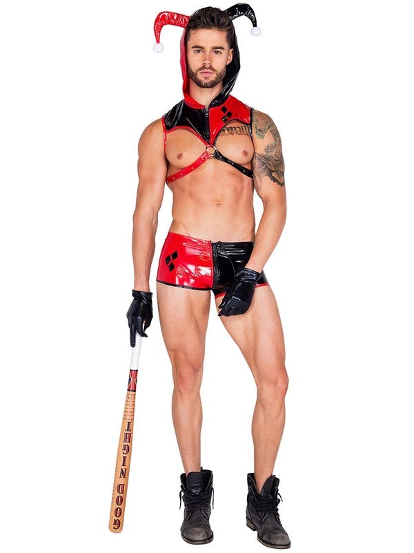 man wearing a revealing gender bent Harley Quinn costume