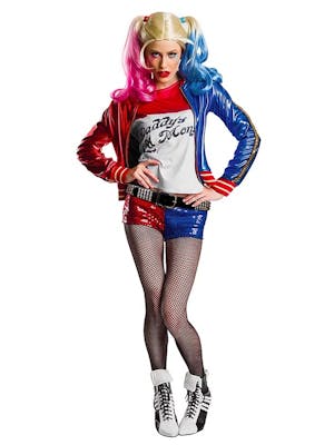A woman wearing a Harley Quinn costume from Suicide Squad.