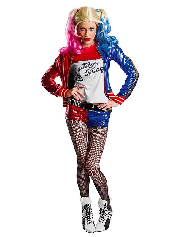 woman dressed in Harley Quinn's red and blue jacket and 'Daddy's Lil Monster' shirt from 'Suicide Squad'