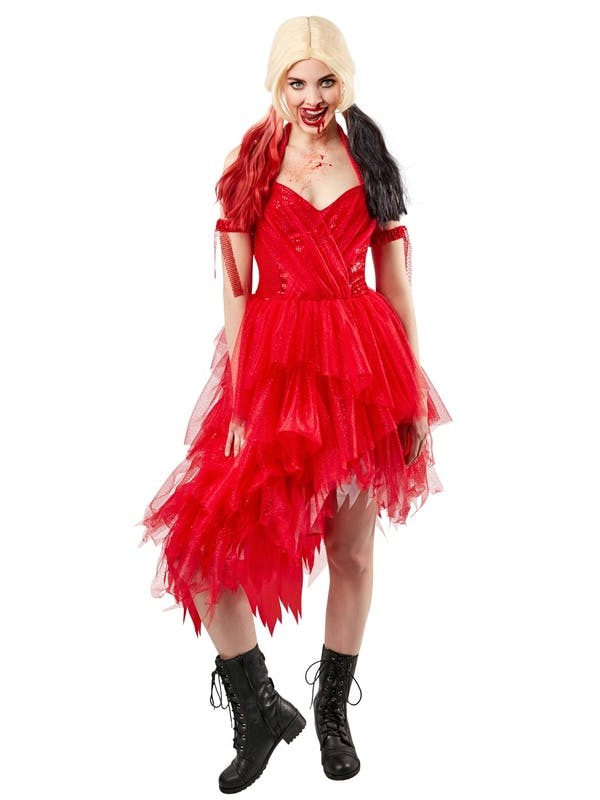 woman wearing Harley Quinn's red dress from 'The Suicide Squad'