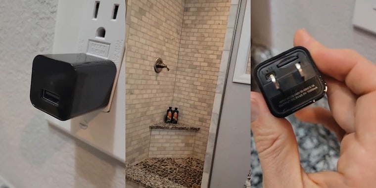 Hidden camera disguised as wall adapter (l) shower in Airbnb (c) man holding hidden camera wall adapter to reveal SD card (r)