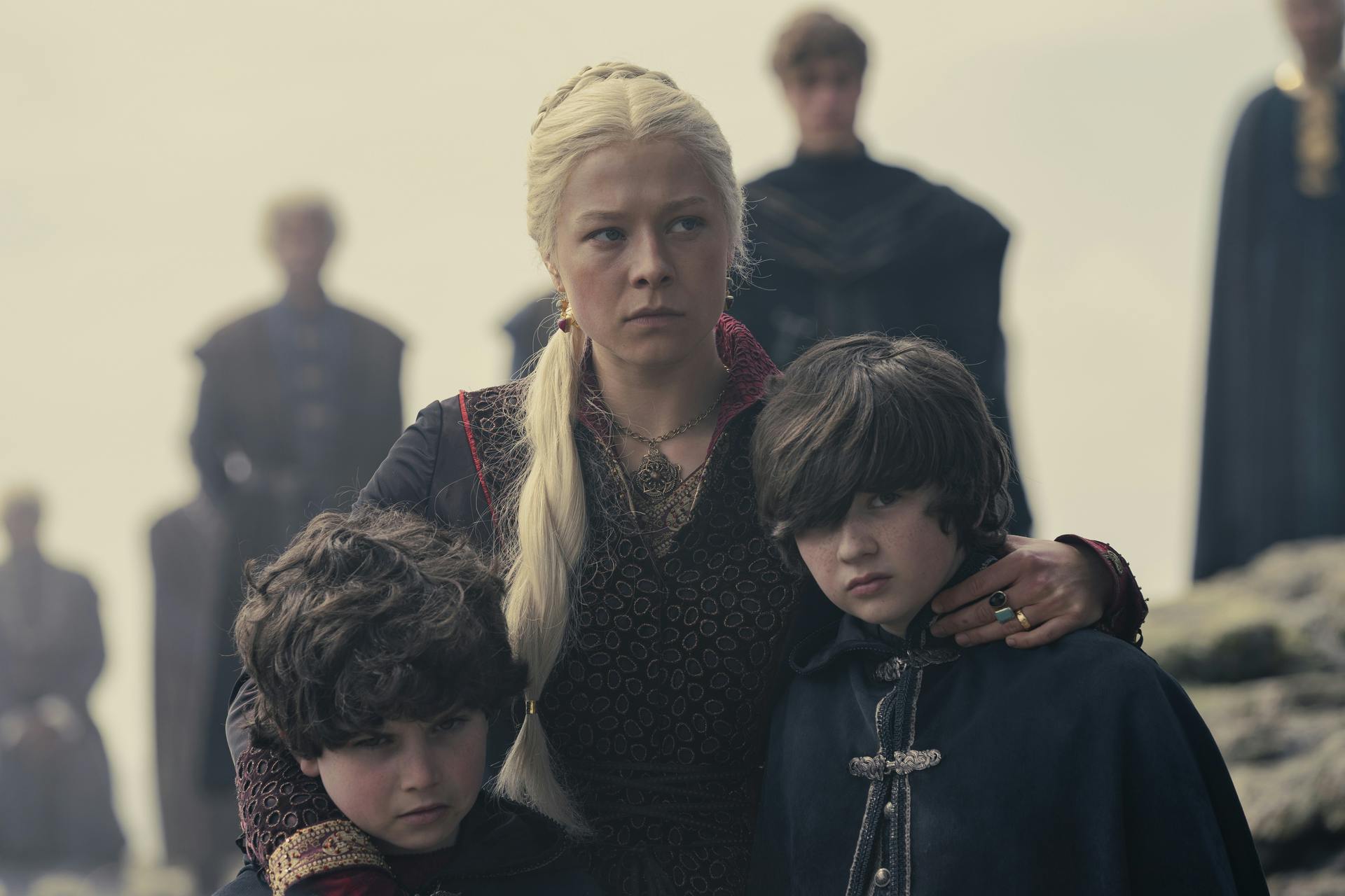 (l-r) lucerys, rhaenyra, and jacaerys in house of the dragon