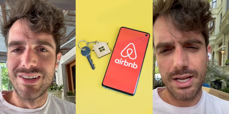Man speaking (l) Airbnb on phone screen next to house key on yellow background (c) man speaking outside (r)