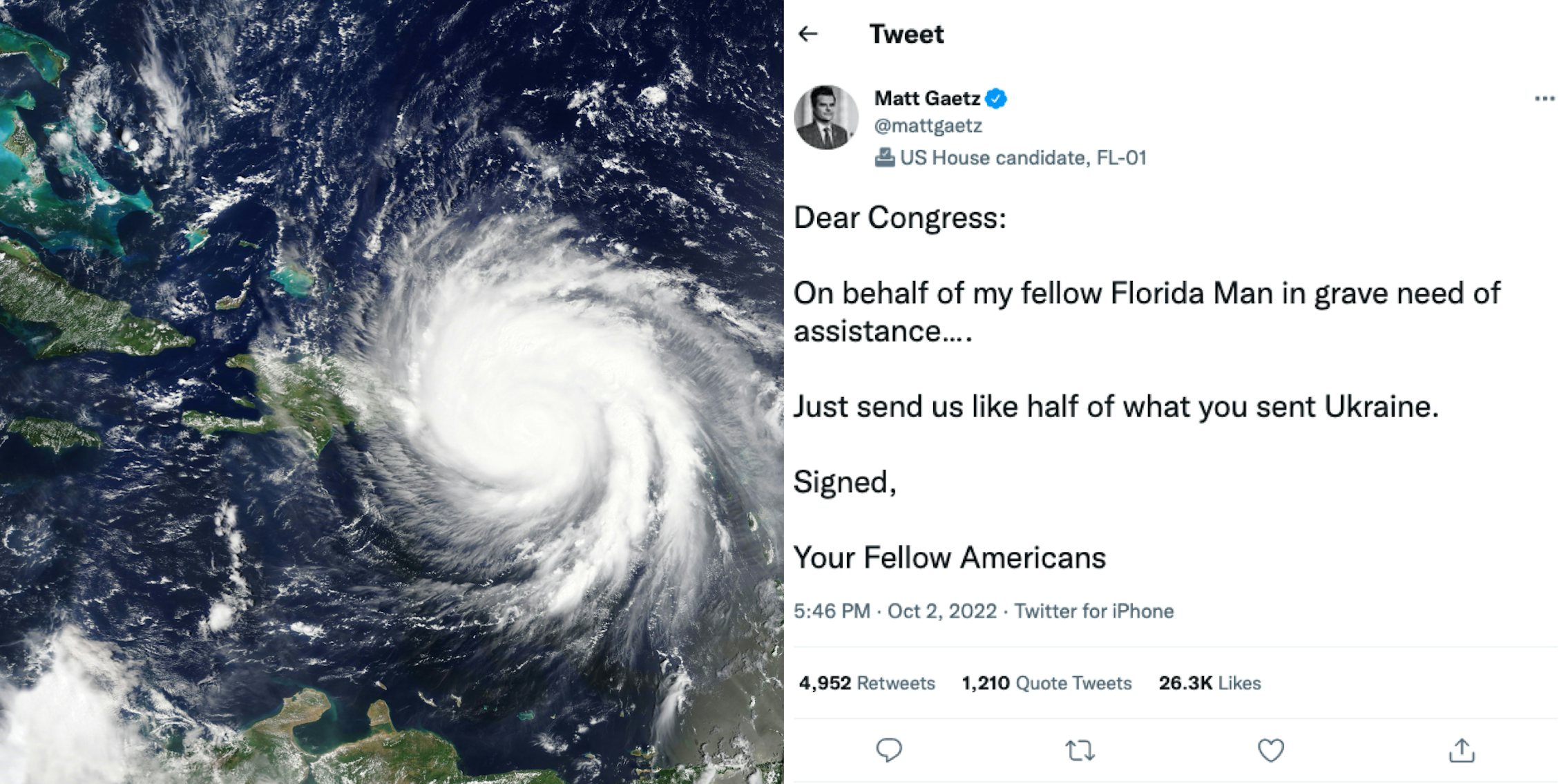 Matt Gaetz asks for Florida hurricane aid tweet