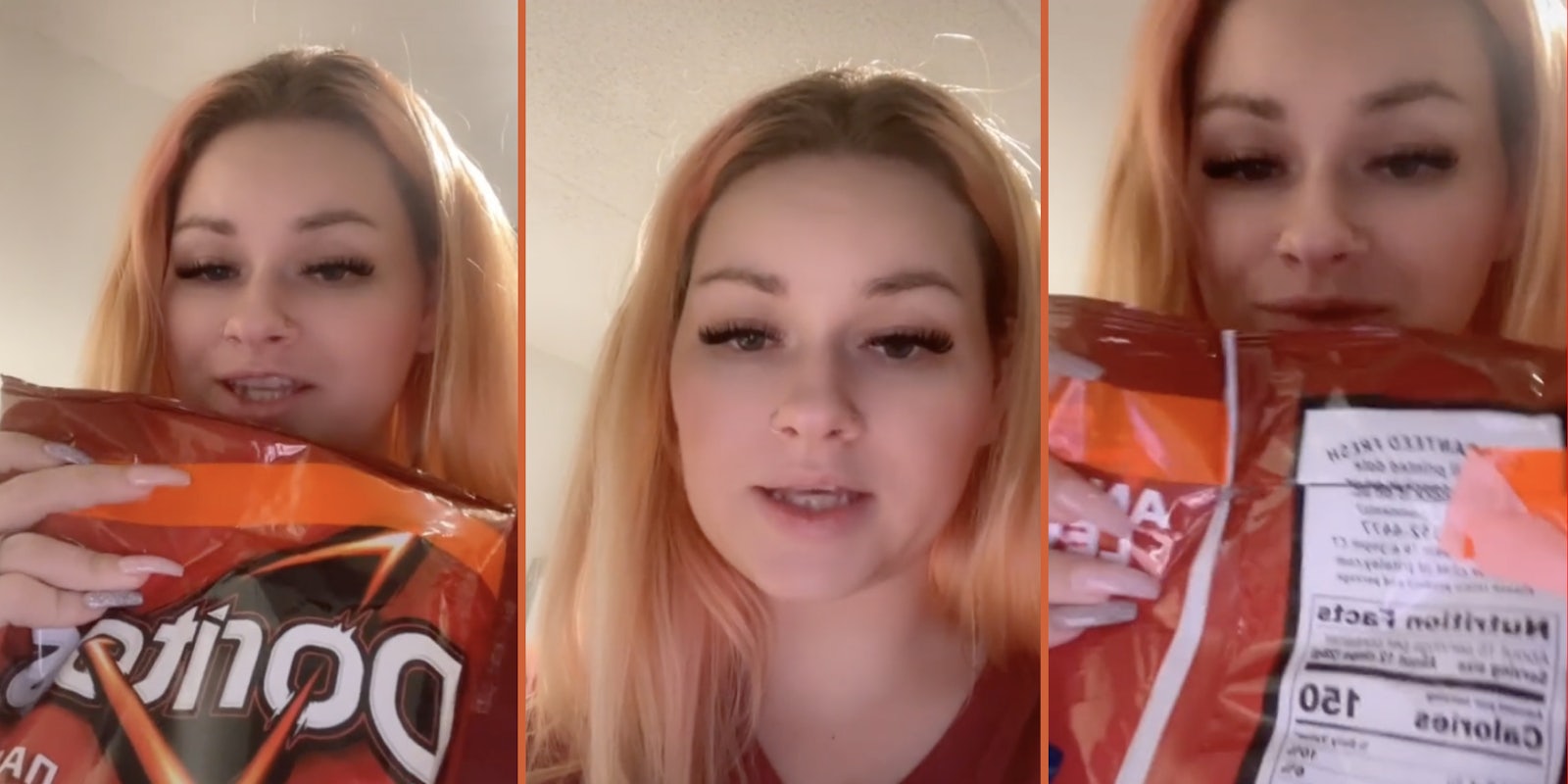 instacart customer holds up bag of Doritos, which appears to have been opened and taped shut with bright orange tape at the top of the bag
