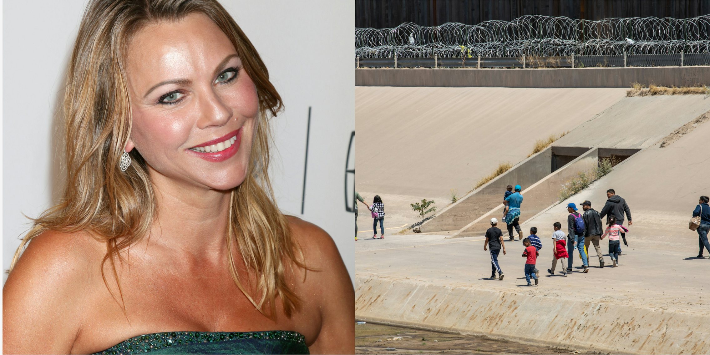 lara logan next to a photo of people crossing border