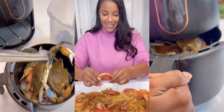 woman shares seafood bake recipe in air fryer using live crabs tiktok