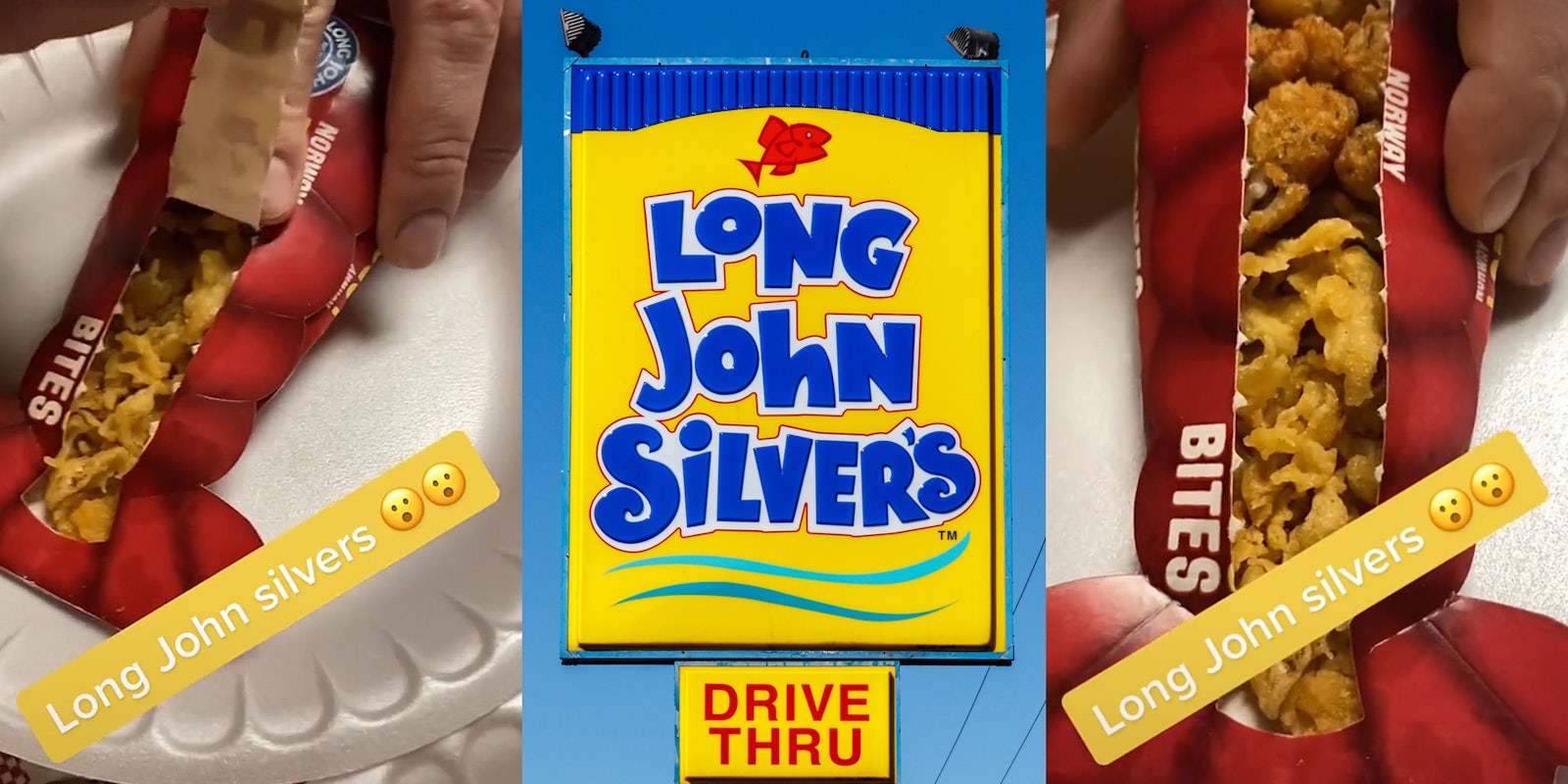 person peeling back cardboard tab on Long John Silver's Lobster Bites container caption 'Long John silvers' (l) Long John Silver's sign with blue sky (c) Long John Silver's Lobster Bites container caption 'Long John silvers' (r)